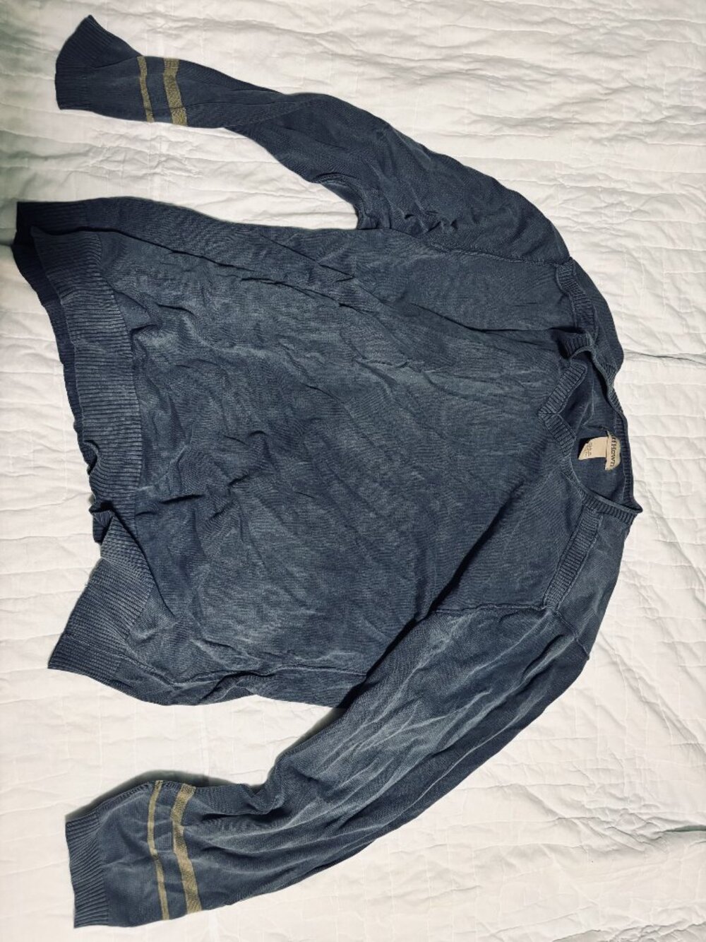 Ruff Hewn Mens XXL Blue Cotton Sweater With Gold Stripe Accents On Sleeves